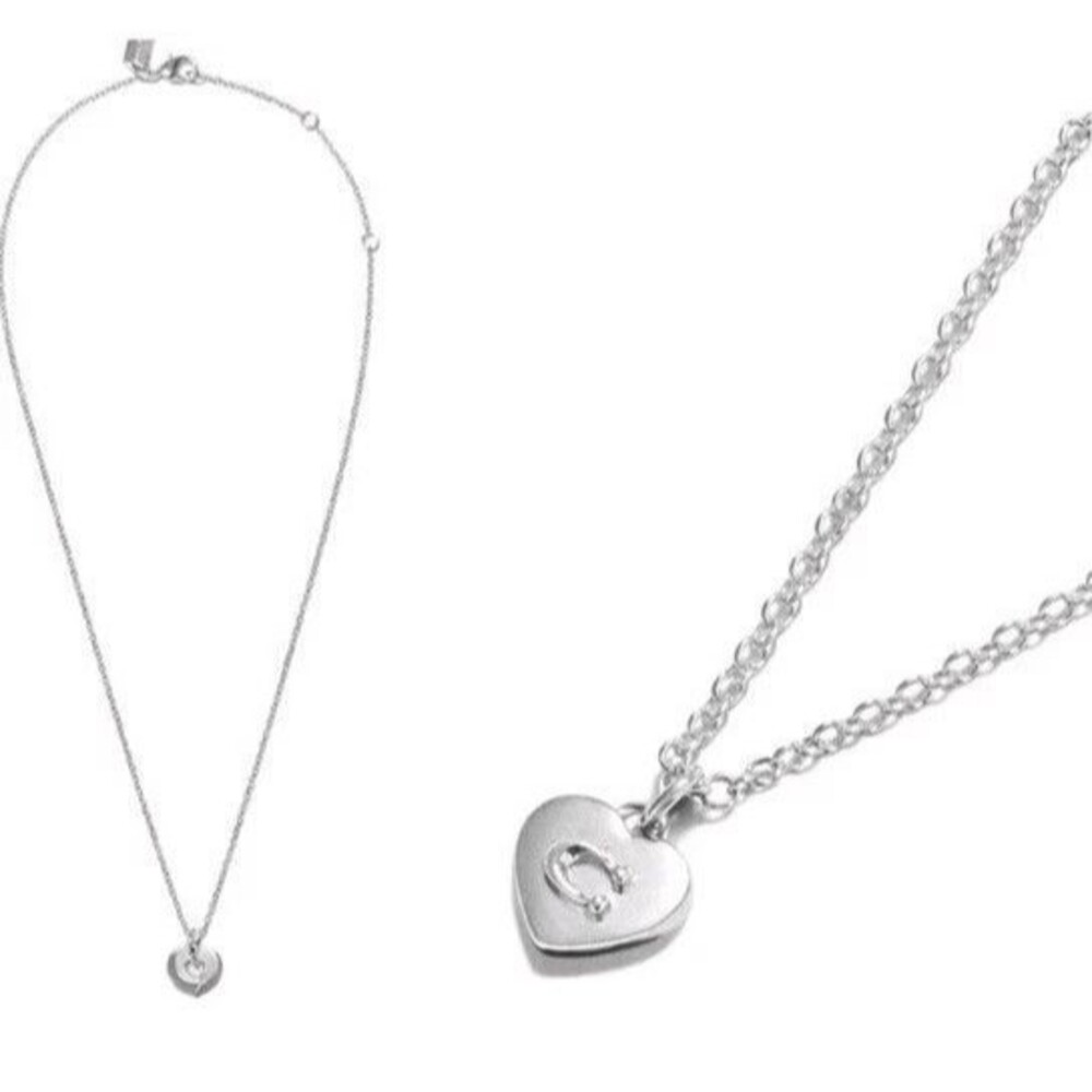 New Coach Heart Pendant Necklace Silver Chain 17" C Monogram with Dust Bag - Picture 2 of 13